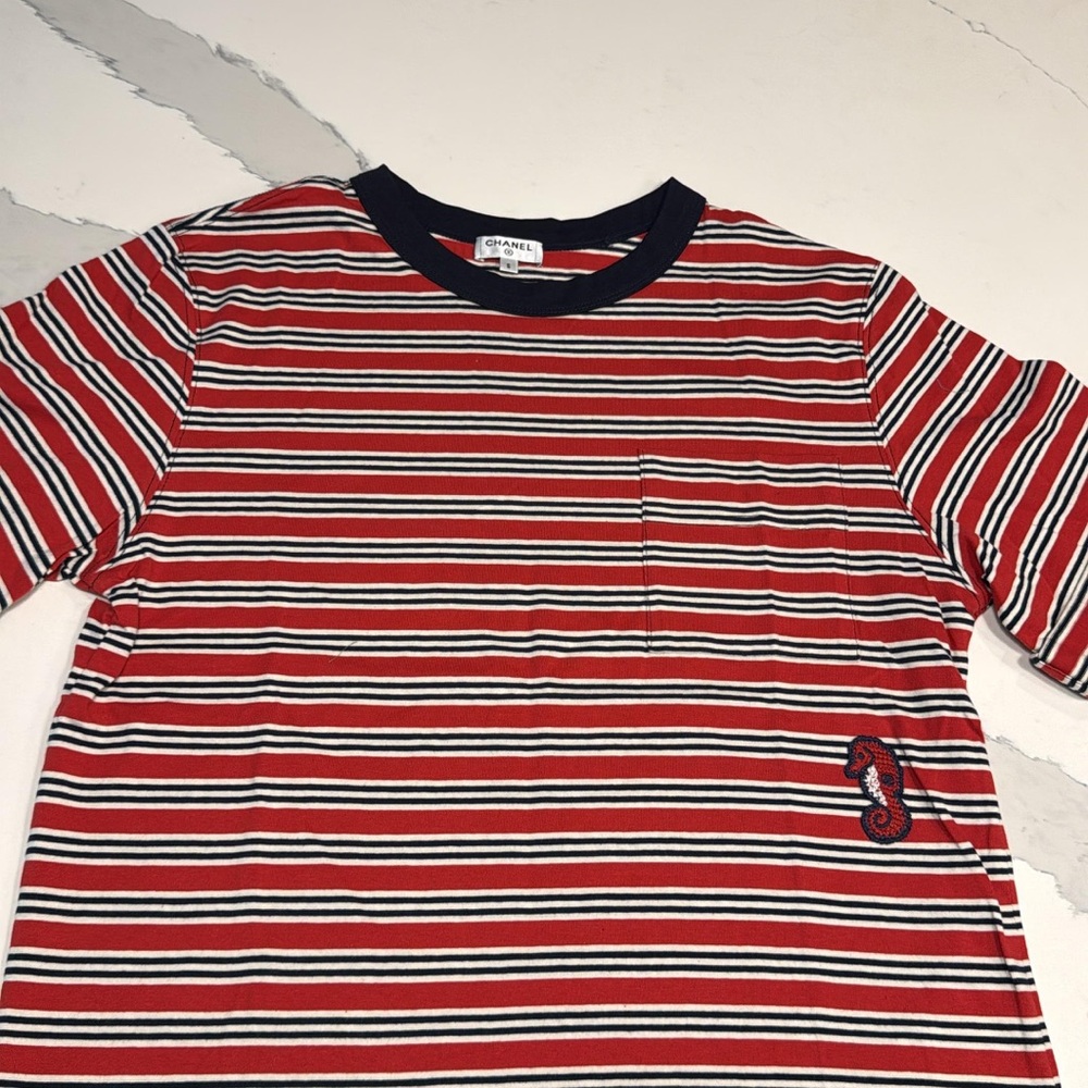 Red & Navy Striped Short Sleeve Tee - CHANEL